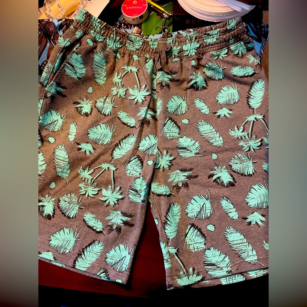 GO NEW YORK MENS LONGBOARD JOGGER SHORTS PALM LEAF GRAY TEAL PRINT XL